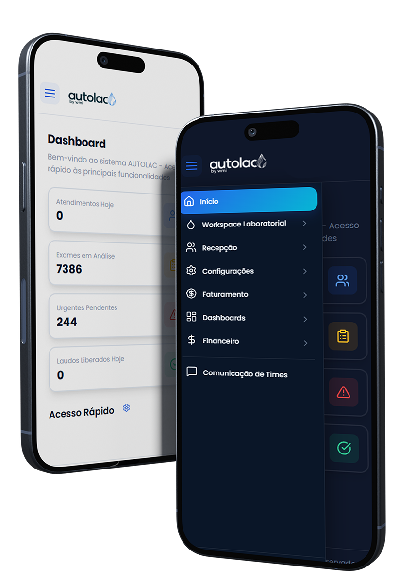 Autolac 10.0 no celular — dashboard e menu de navegação